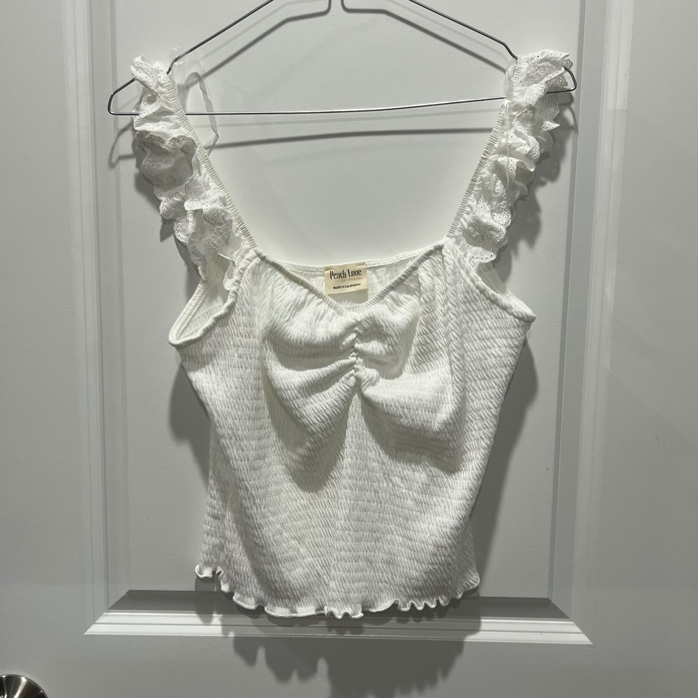 Peach‎ Love California White Smocked Cropped Tank Bow Ruffle Trim L